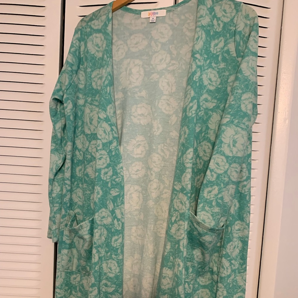 LuLaRoe Mint Green EUC Floral Sarah Duster Cardigan Sweater Medium